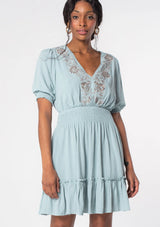 Austin Seafoam V-Neck Dress w/Taupe Embroidery Detail, Smocked Waist and Tie Back by Lovestitch