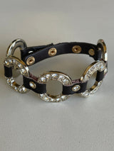 Black Leather & Oval Rhinestone Linked Adjustable Snap Closure Bracelet