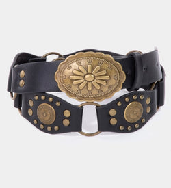 Coastal Cowgirl Belt w/Black & Brass Concho Detail and Oval Buckle