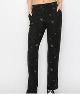 Star Print Super Soft Black Loungewear Straight Leg Pants w/Elastic Tie Waist