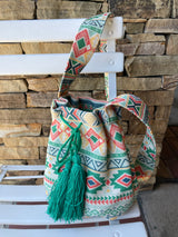 Aztec Green & Coral Bucket Bag w/Cinch Tassel Drawstring