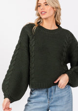 Hunter Green Cable Knit Crew Neck Pullover Sweater