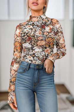 Floral Mesh Long Sleeve High Neck Sheath Blouse