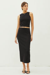 Black High Rise Pencil Midi Skirt with Back Slit & Elastic Waistband