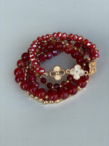 Raspberry Red & Gold Glass and Clover Set of 5 Beaded Bracelets