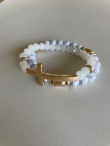 White Natural Stone & Gold Beads w/Cross Set of 2 Stretch Bracelets