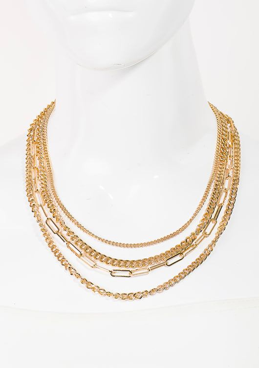 Gold 4 Layer Chain Link & Paperclip Chunky Necklace