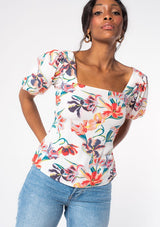 Oahu Tropical Flower Print 3/4 Puff Sleeve w/Criss Cross Open Tie Back Top