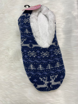 Blue Winter Reindeer Cozy OS Slipper Socks w/Grips