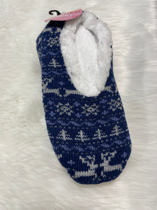 Blue Winter Reindeer Cozy OS Slipper Socks w/Grips