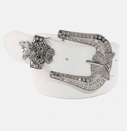 White and Silver Rhinestone Studded Butterfly Buckle Belt