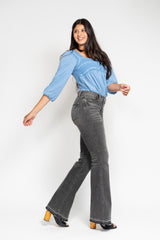 Judy Blue Gray Wash Mid Rise Tummy Control Flare Release Hem Jeans