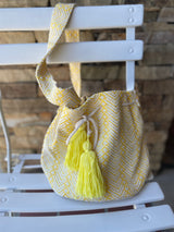 Yellow & Natural Chevron Design Bucket Bag w/Cinch Tassel Drawstring