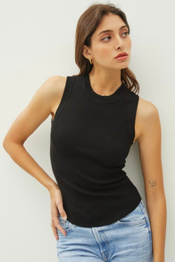 Black Ribbed Round Neck Knit Tank Top