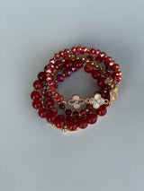 Raspberry Red & Gold Glass and Clover Set of 5 Beaded Bracelets