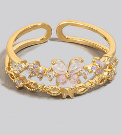 Butterflies & Flowers Gold CZ Adjustable Fit Ring