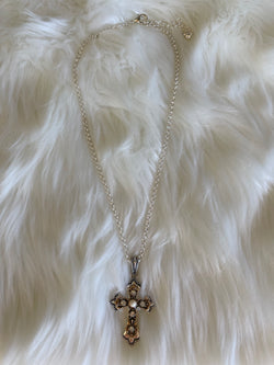 Silver Long Chain w/Gold & Silver Cross Overlay Pendant Necklace