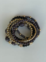 Black, Gray & Gold Glass and Rhinestone Set of 7 Stretch Beaded Bracelets