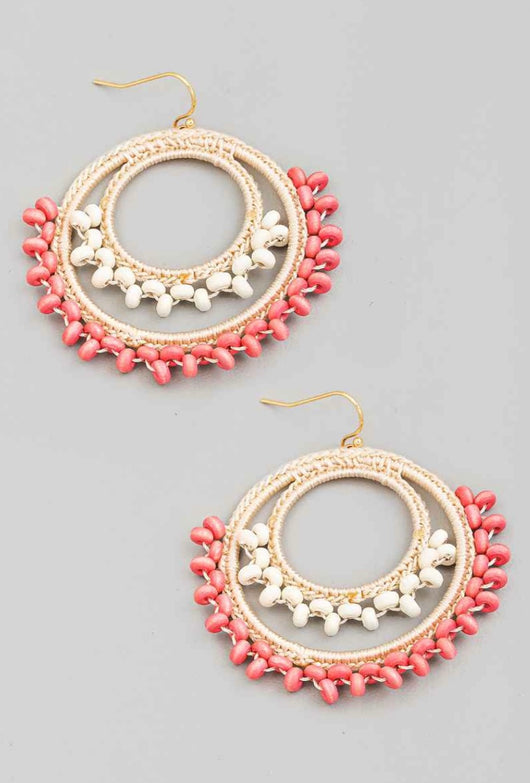 Pink & Cream Double Circle Wood Beads Fishhook Earrings