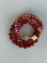 Raspberry Red & Gold Glass and Clover Set of 5 Beaded Bracelets