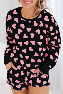 Black w/Pink Hearts Pajama Set - Shorts w/Pockets & Long Sleeve Top