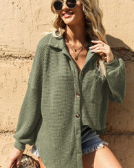 Olive Green Waffle Knit Button Down Top w/Front Pocket