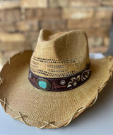 Annabelle Natural Cowgirl Hat w/Floral Design, Turquoise Stone and Gold Rope Trim by CC Brand