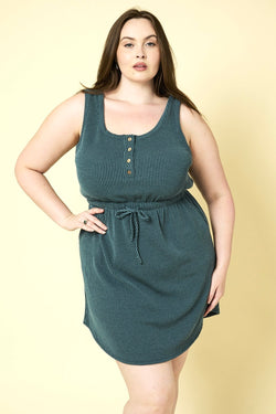 Teal Ribbed Sleeveless Plus Size Dress w/Pockets & Drawstring Tie Waist