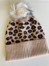 Tan Leopard Print Fur Pom Pom Beanie