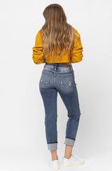 Judy Blue Distressed Boyfriend Mid Rise Cuff Jeans