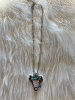 Silver Chain Link Necklace w/White & Turquoise Bull Head Pendant