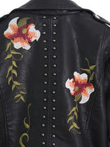 The Harley Black Moto Faux Leather Jacket w/Floral Embroidery and Zipper Closure