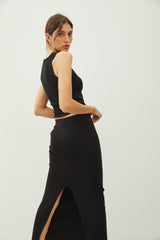 Black High Rise Pencil Midi Skirt with Back Slit & Elastic Waistband