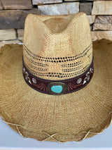 Annabelle Natural Cowgirl Hat w/Floral Design, Turquoise Stone and Gold Rope Trim by CC Brand