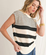 Cream & Black Striped Sleeveless Knit Top