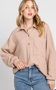 Beige Knit Long Sleeve Half Button Down Collar  Top w/Front Pocket