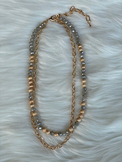 Gold Chain & Gray Glass and Gold Beads Layered Necklace