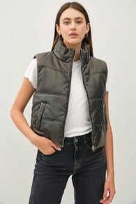 Charcoal Faux Leather Puffer Vest w/Zipper & Pockets