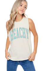 Beachy Puff Graphic Off White Relaxed Fit Mineral Washed Tank