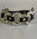 Black Leather & Oval Rhinestone Linked Adjustable Snap Closure Bracelet