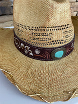 Annabelle Natural Cowgirl Hat w/Floral Design, Turquoise Stone and Gold Rope Trim by CC Brand