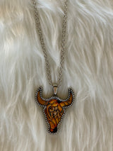 Silver Chain w/Rustic Bull Head Pendant Necklace