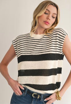 Cream & Black Striped Sleeveless Knit Top