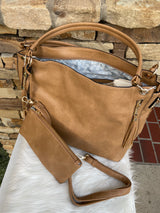 Camel Set of 2 Boho Purse w/Short or Long Strap & Wristlet