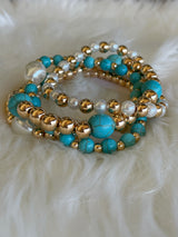 Turquoise, Gold & Pearl Set of 5 Stretch Beaded Bracelets