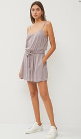 Earth Gray Front Tie Short Jumper w/Adjustable Straps & Pockets