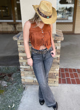 Rusty Cropped Fringe Faux Suede Vest w/Snap Buttons