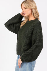 Hunter Green Cable Knit Crew Neck Pullover Sweater