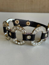 Black Leather & Oval Rhinestone Linked Adjustable Snap Closure Bracelet