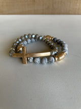 Gray Natural Stone & Gold Beads w/Cross Set of 2 Stretch Bracelets